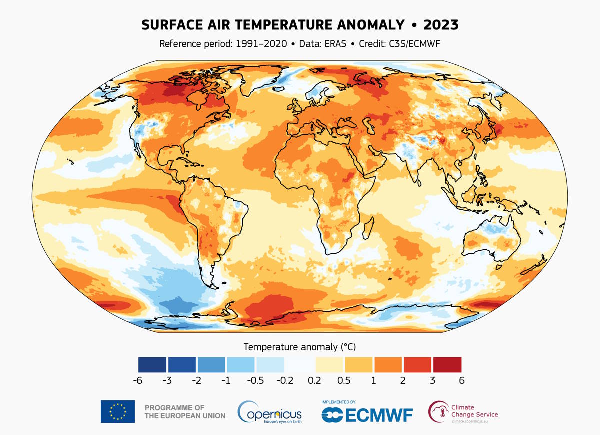 Copernicus climate change: il 2023 si conferma l'anno più caldo di sempre a partire dal 1850